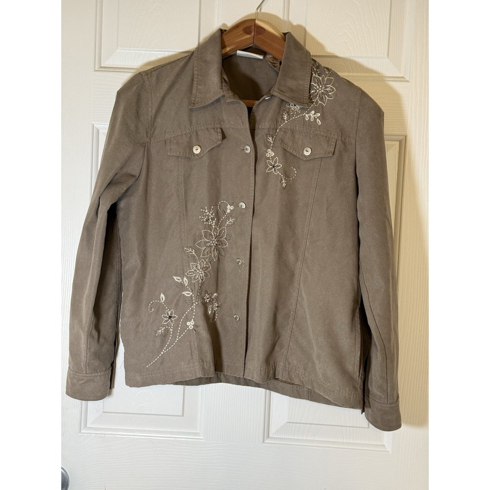 vintage alfred dunner Boho Floral Tan Jacket Blouse Pockets Size 10 Cottage Chic